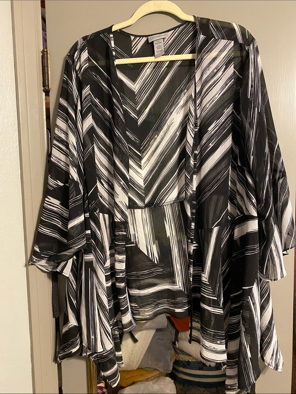Catherines Black & White Striped Open-Front Kimono Cape